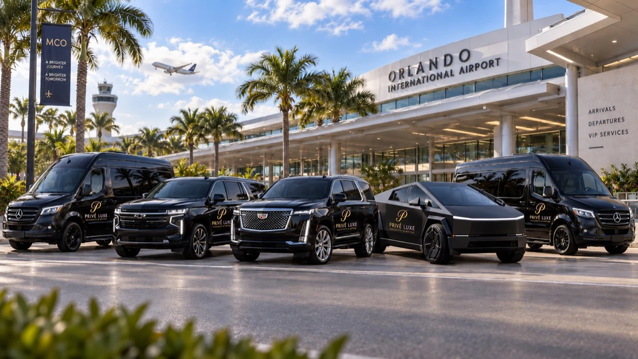Privé Luxe-branded SUVs, a Cybertruck and Mercedes-Benz vans lined up outside Orlando International Airport