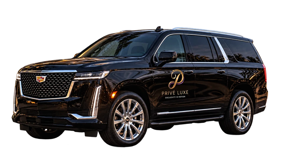 Black Cadillac SUV with company door branding