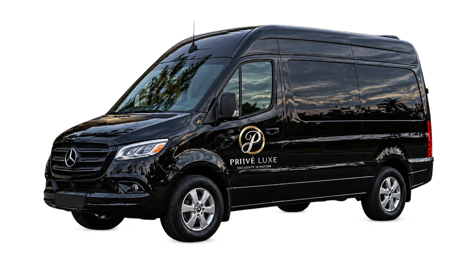 Black Mercedes-Benz van with company door branding
