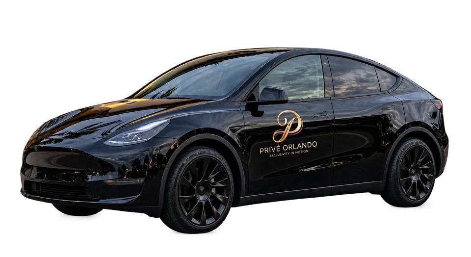 Black Tesla Model Y with company door branding